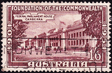 Австралия 1951 год . Здание Федерального парламента, Канберра . Каталог 0,50 фунтов .